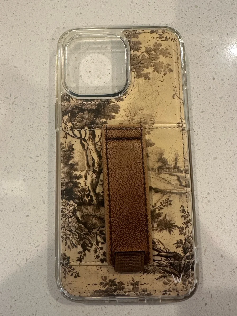 Walli Case with Brown Leather Hand Strap and Scenic background iPhone 14 ProMax